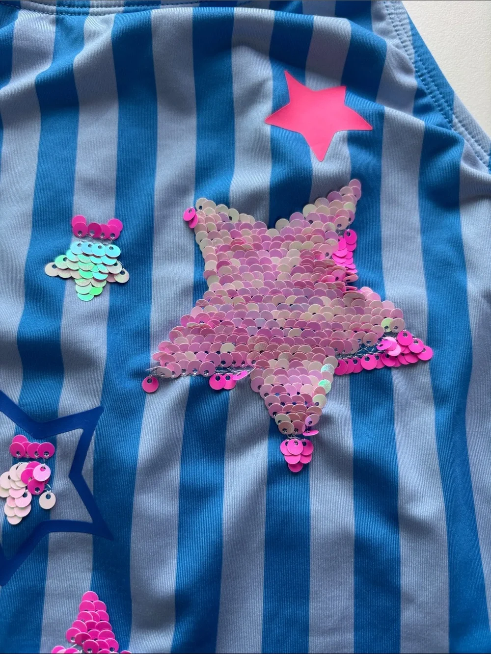 Lands' End Blue Striped One-Piece Swimsuit with Pink Sequin Stars -709sku